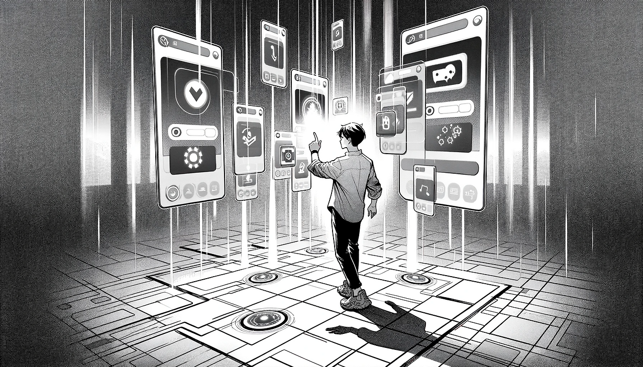 DALL·E 2023-12-05 02.28.09 - A monochromatic webtoon-style illustration depicting a scene where a person is interacting with floating augmented reality screens, showing various op.png