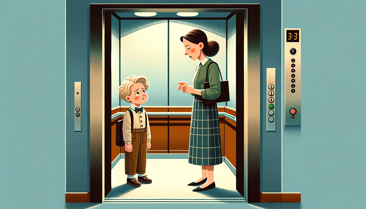 DALL·E 2023-12-26 22.04.04 - A landscape-oriented image depicting a scene in an apartment elevator. In the elevator, there is a young elementary school-aged boy and his mother hav.png