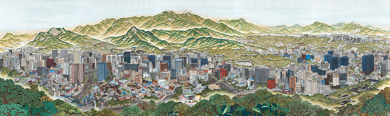 서울전경도, 2023, 캔버스천에 호분 먹 분채 석채, 200x650cm.png