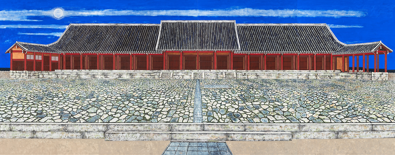 종묘-영녕전, 2024, 캔버스 천에 호분 먹 분채 석채, 220x560cm.png