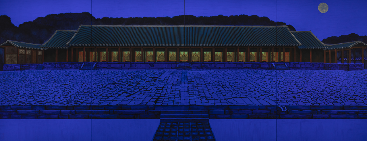 종묘, 2020, 캔버스천에 먹 호분 분채 석채 금니, 220x560cm.png