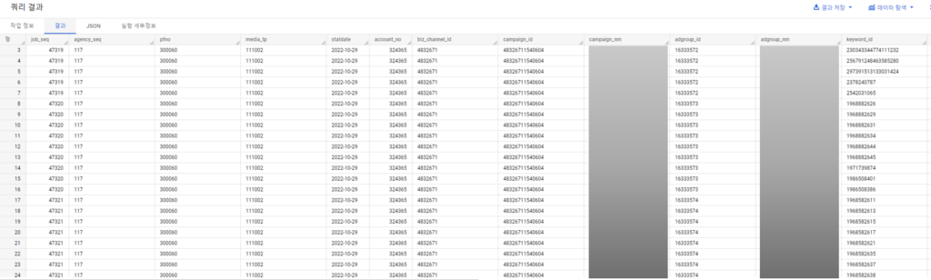 3-0. 수집 테이블 쿼리 결과 일부 조회 화면 (출처 BizSpring).png