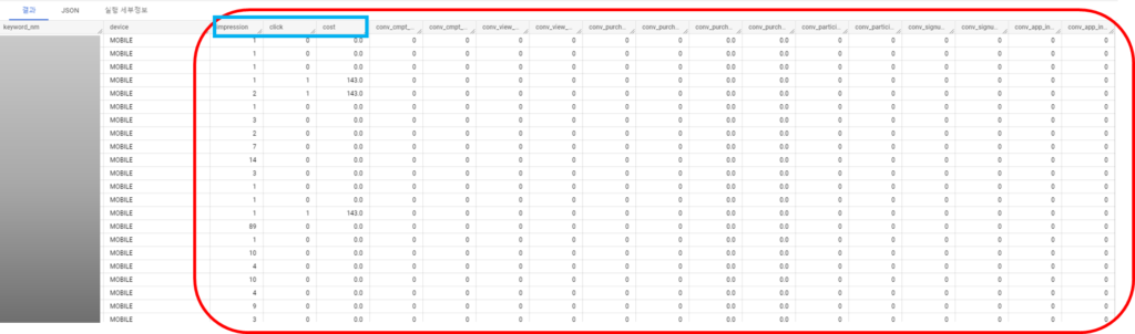 3. 수집 테이블 쿼리 결과 일부 조회 화면 (출처 BizSpring).png