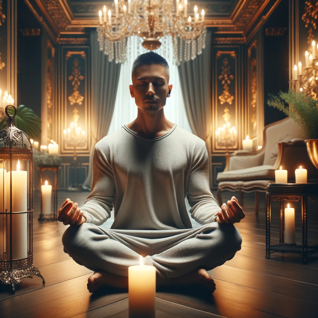 DALL·E 2024-06-12 18.11.27 - A person meditating in a luxurious, quiet space with candles and elegant decor around. The person is sitting with closed eyes, surrounded by a peacefu.png