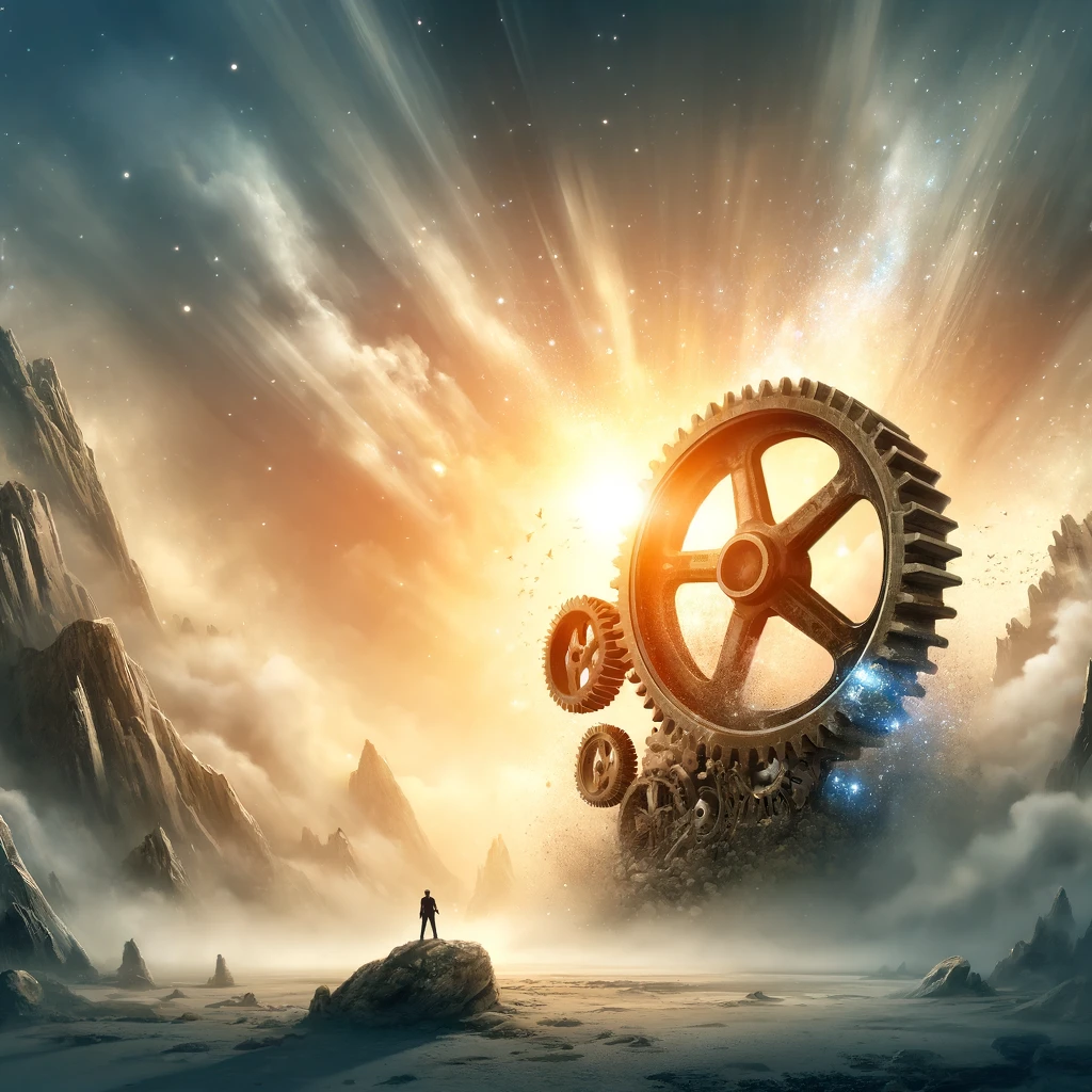 DALL·E 2024-06-10 12.27.06 - Create an image that gives a sense of something grand and monumental. Depict a scene where a small gear is transforming into a massive machine, symbol.png