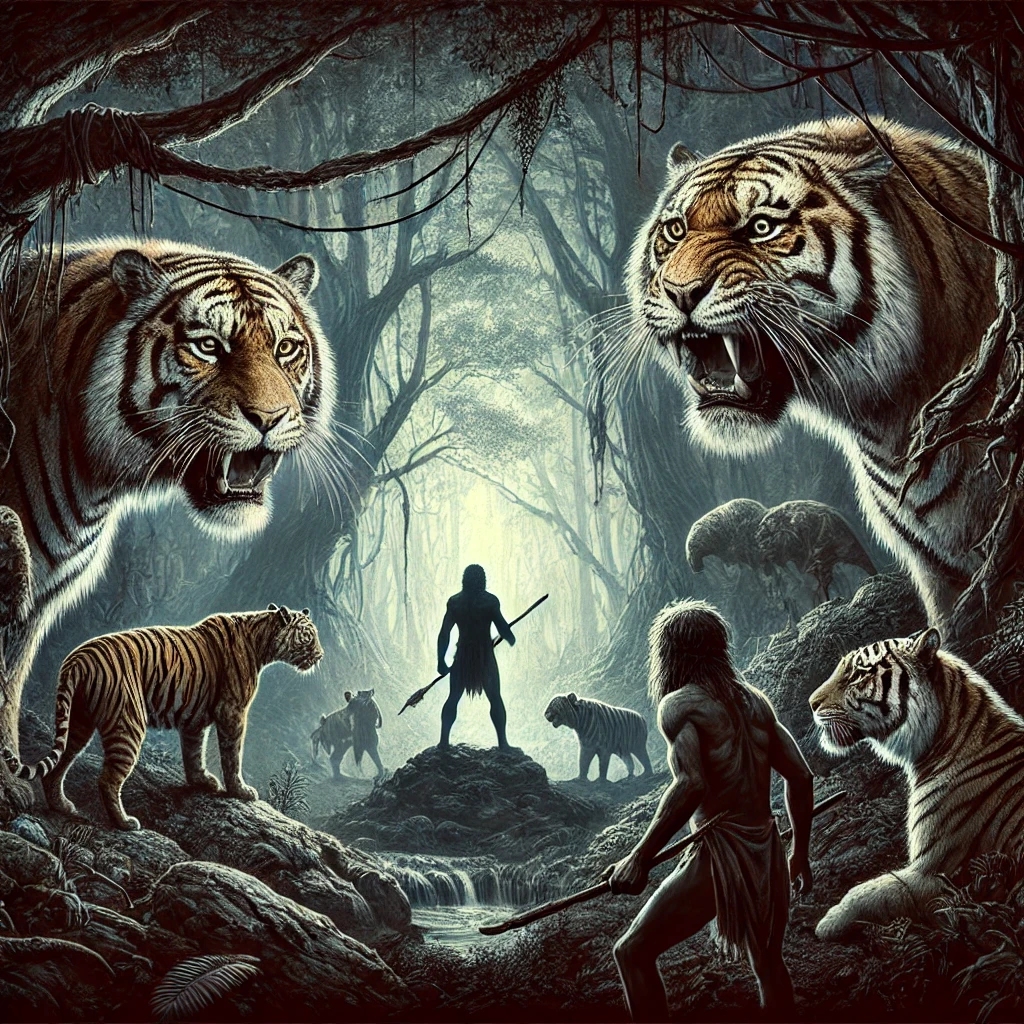 DALL·E 2024-08-05 12.56.11 - A high-end illustration of prehistoric humans facing wild animals like tigers in a dark, foreboding forest. The scene should evoke a sense of danger a.png