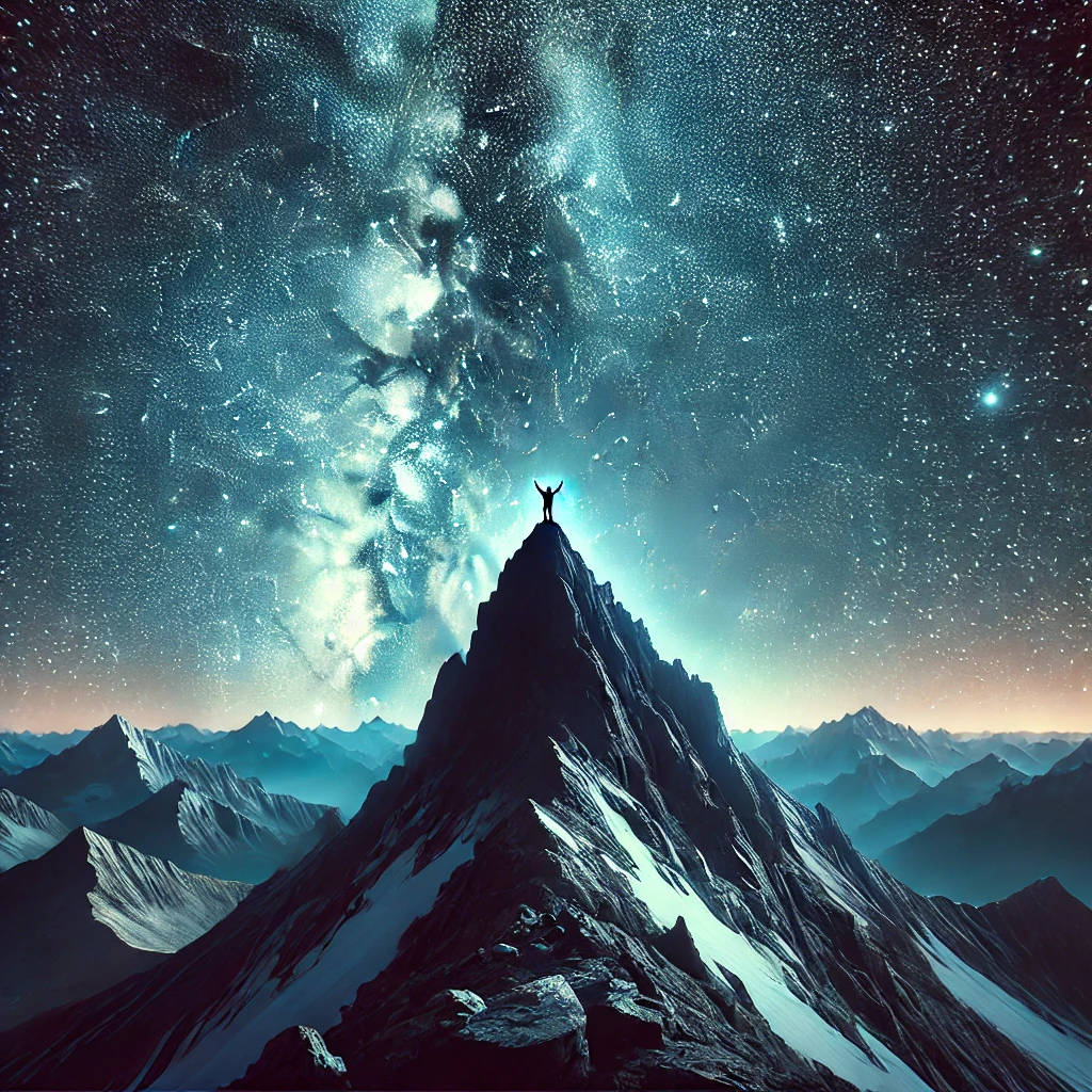 DALL·E 2024-10-21 16.39.44 - A captivating scene of a mountain peak under the stars, with a clear view of the Milky Way stretching across the sky. A figure stands at the summit, a.png