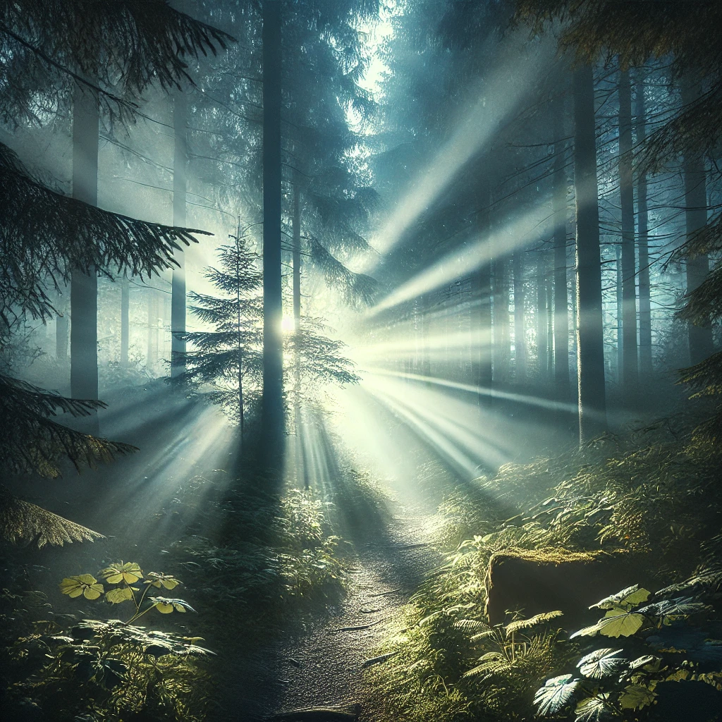 DALL·E 2024-10-21 16.39.46 - An ethereal image of a magical forest at twilight, with beams of light filtering through the dense foliage, illuminating a path that leads deep into t.png