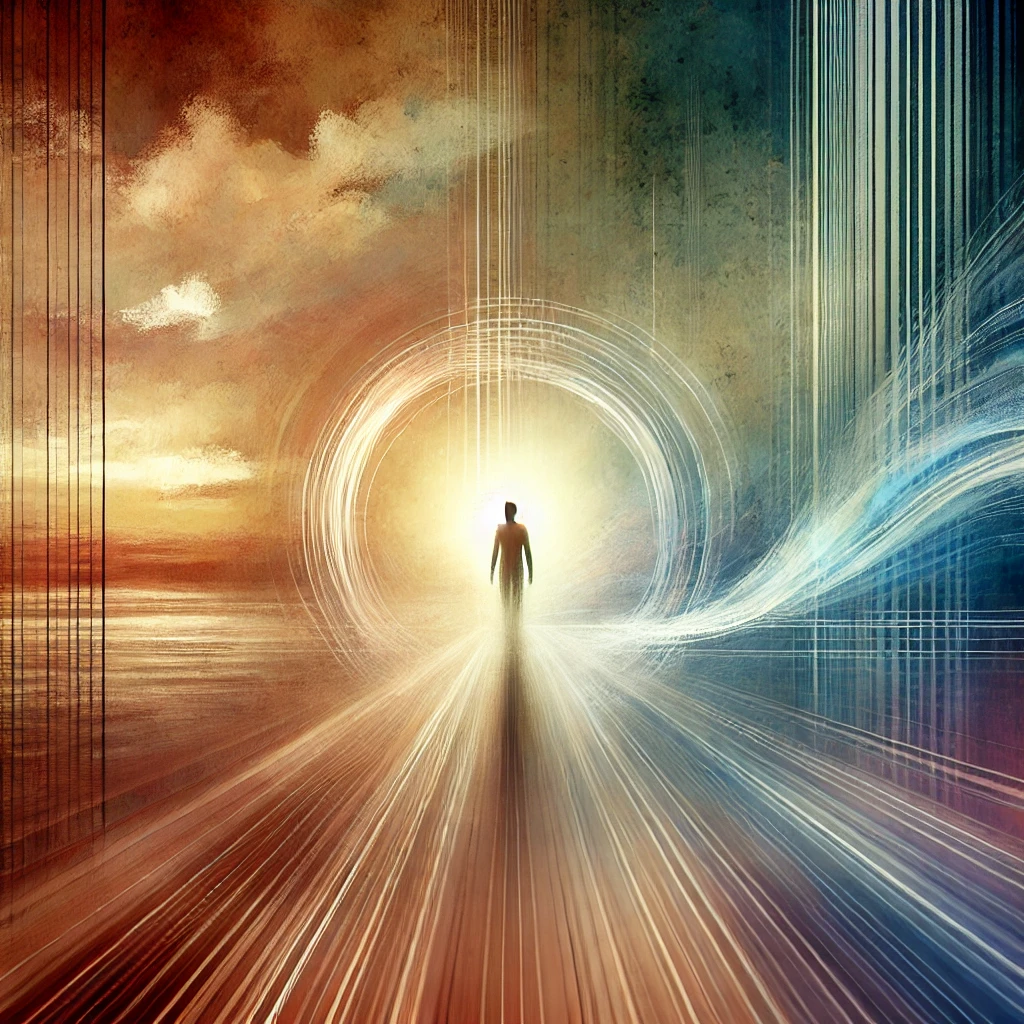 DALL·E 2024-10-16 13.07.10 - An abstract and artistic illustration inspired by the themes of past, future, and present. The image should evoke a sense of time travel, with blurred.png