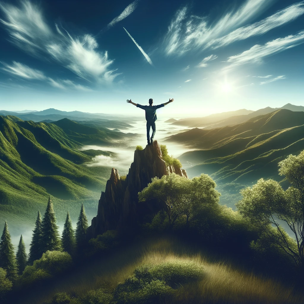 DALL·E 2024-06-12 18.12.56 - A person standing on top of a mountain with arms wide open, surrounded by lush green nature and a bright, clear sky. The scene is elegant and luxuriou.png