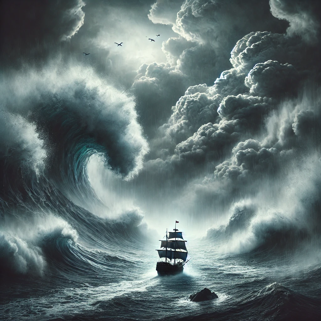 DALL·E 2024-10-21 16.39.41 - A dramatic and atmospheric image of a stormy sea, with large, crashing waves and dark clouds overhead. A small ship navigates through the turmoil, sym.png