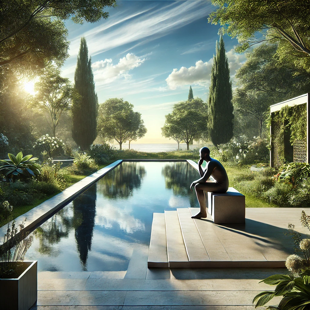 DALL·E 2024-09-19 14.04.02 - An elegant and realistic image of a serene outdoor setting where a lone individual reflects on human concepts and ideas. The scene features a peaceful.png