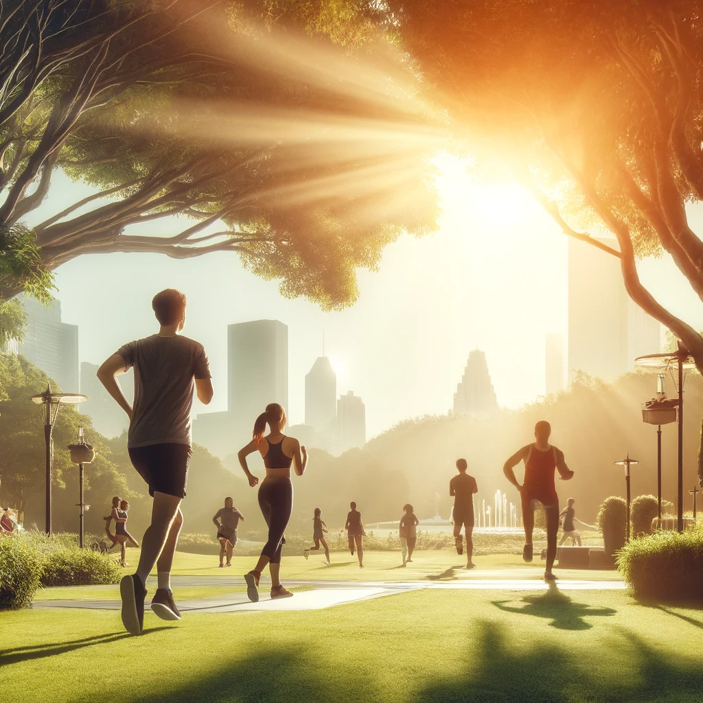 DALL·E 2024-06-12 18.11.22 - People jogging and doing yoga in a luxurious park under bright sunlight. The scene shows individuals engaging in physical exercise in an elegant natur.png