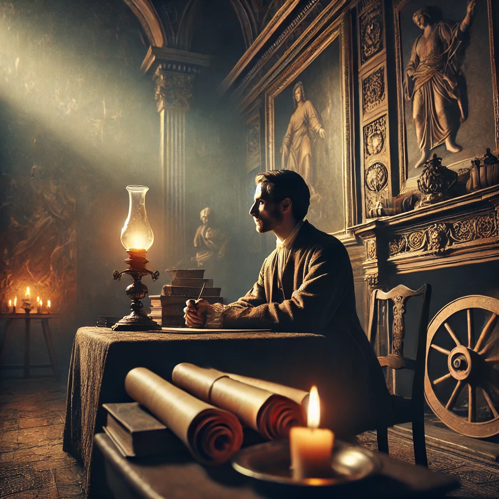 DALL·E 2024-09-19 14.04.41 - A sophisticated image depicting a historical figure in deep thought, sitting at an ancient stone table filled with scrolls and books under the dim lig.png