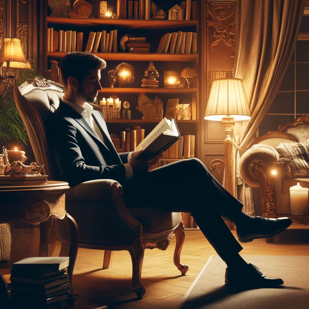 DALL·E 2024-06-12 18.13.03 - A person sitting comfortably in a luxurious chair, reading a book in a warmly lit, elegantly decorated room. The scene includes stacks of books and a .png