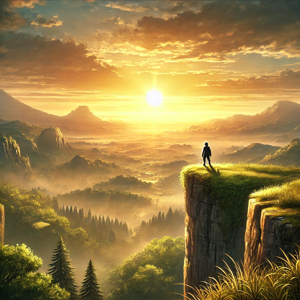 DALL·E 2024-10-21 16.39.47 - A detailed digital painting of a lone adventurer standing at the edge of a cliff, looking out over a lush, expansive valley below, bathed in the golde.png