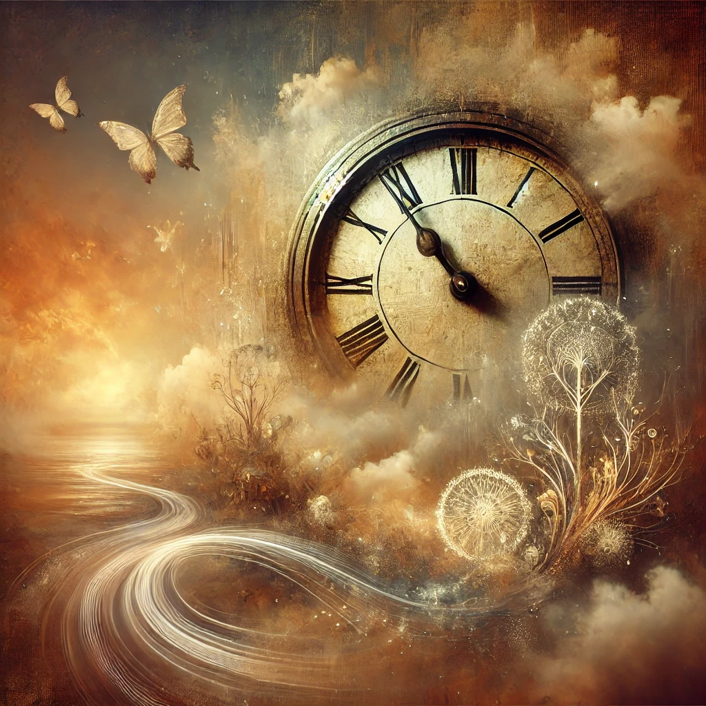 DALL·E 2024-10-16 13.08.57 - A sophisticated and artistic image representing the concept of the past, depicted as an old, weathered clock in a surreal landscape with fading memori.png