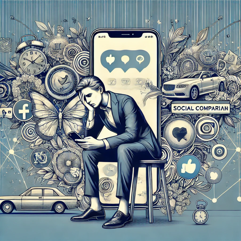 DALL·E 2024-08-05 12.56.14 - An elegant illustration of a person feeling anxious while looking at social media on their phone. The background should include elements of social com.png