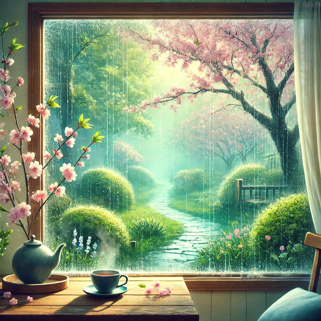 DALL·E 2025-03-04 11.37.20 - A tranquil spring morning with gentle rain seen from inside a cozy house. The scene is viewed through a large window with raindrops trickling down the.png