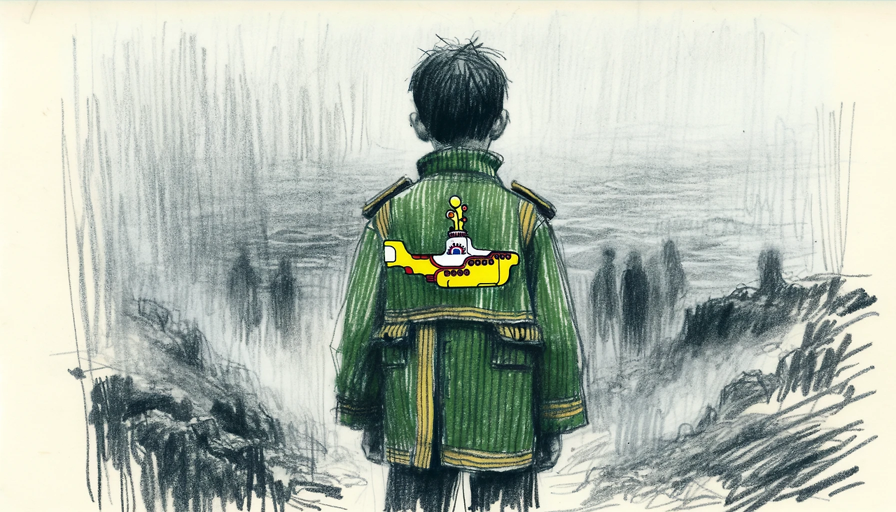 DALL·E 2024-02-18 15.01.29 - A rough, hand-drawn sketch of a boy standing in a foggy setting. The boy is dressed in a green yacht jacket adorned with a yellow submarine illustrati.png