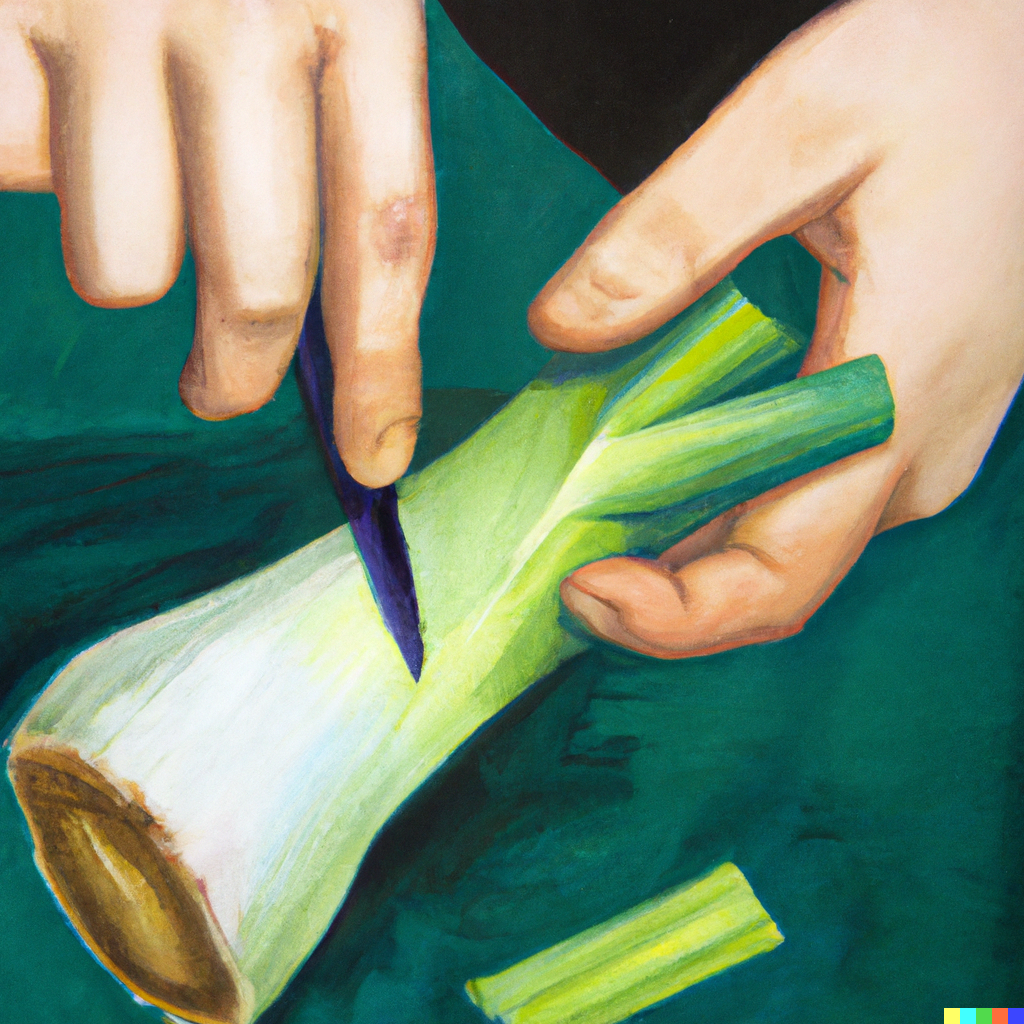 DALL·E 2023-01-21 19.18.20 - An oil painting of hands cutting off the top dark green part of the leek.png