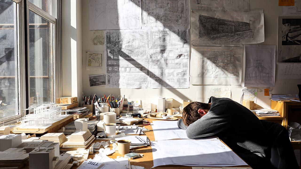 muhwangkwon_A_tired_architecture_student_sleeping_on_a_desk_i_1de36cd1-b361-4b33-aa2a-a2e186923e48_2.png
