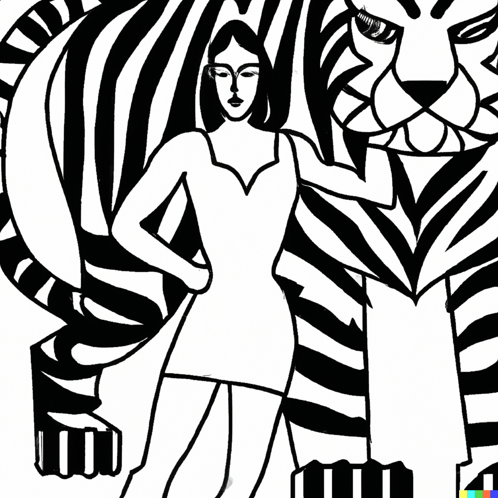DALL·E 2023-02-07 10.41.11 - Matisse no color. Tiger with a strong woman .png