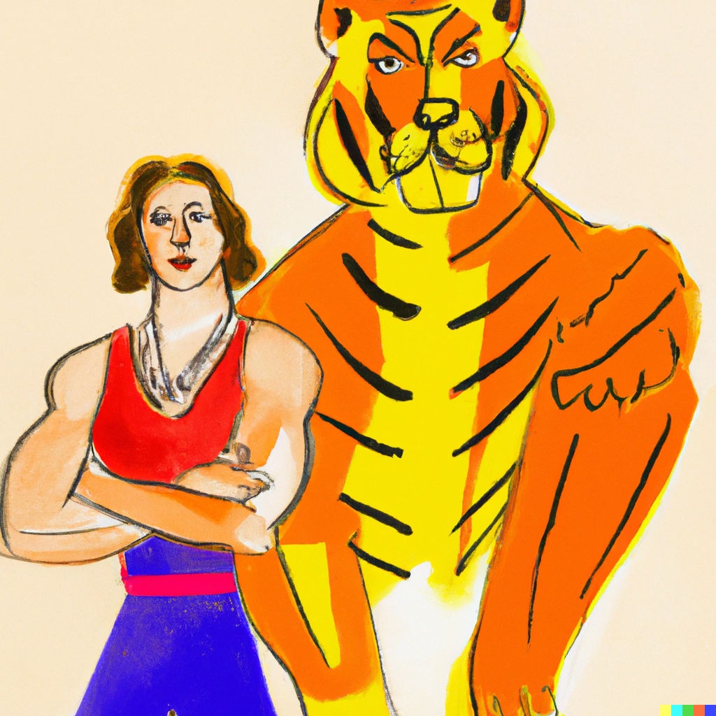 DALL·E 2023-02-07 10.40.38 - Matisse style only pencel. Tiger with a strong woman .png