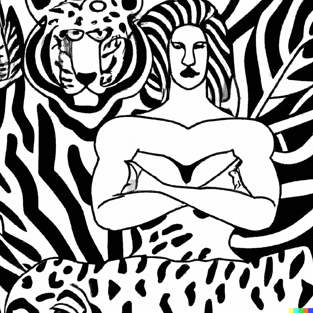 DALL·E 2023-02-07 10.41.05 - Matisse no color. Tiger with a strong woman .png