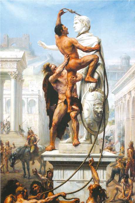 조셉-노엘 실베스트르의 '야만족에 의한 로마의 함락, 410년', 1890년. 벌거벗은 게르만족 병사가 서로마를 침략하는 모습.png