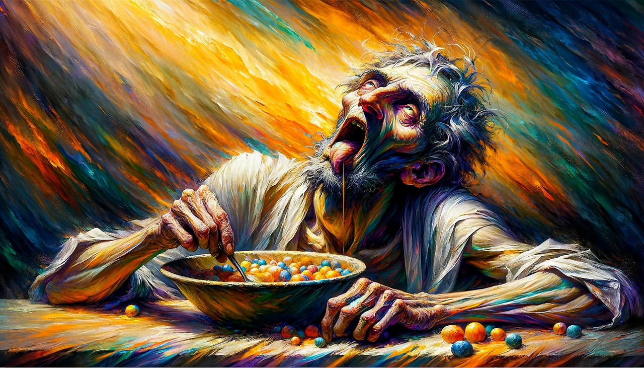 DALL·E 2024-01-15 10.53.33 - A painting with intense colors, dynamic brush strokes, and emotional expression that precisely conveys the message of Proverbs 19_24, 'A sluggard puts.png