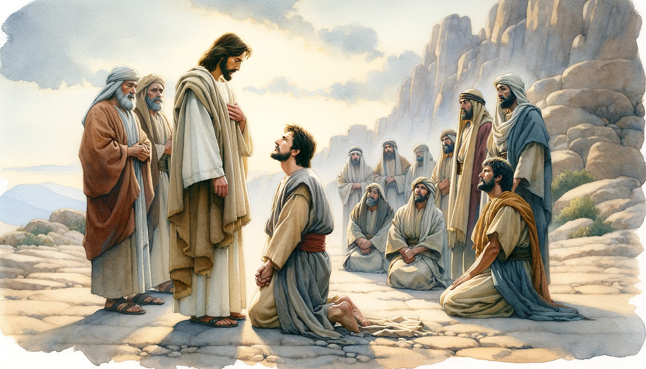 DALL·E 2023-11-29 14.30.24 - A watercolor painting in a 16_9 aspect ratio, illustrating the scene from Matthew 16_13-17 where Peter kneels before Jesus as he confesses. The settin.png