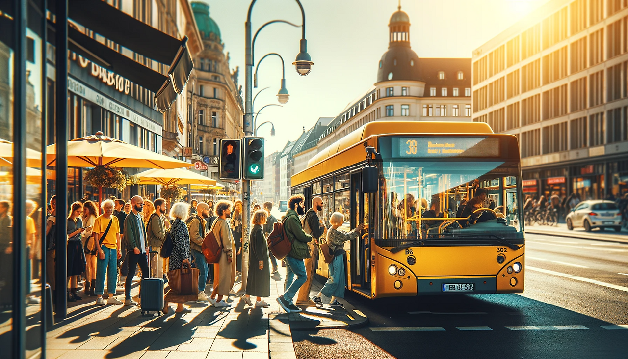 DALL·E 2024-01-27 22.47.47 - Photography of a bright, sunny day in the city, featuring a cheerful yellow city bus stopping at a bustling street corner. Capture passengers of diver.png