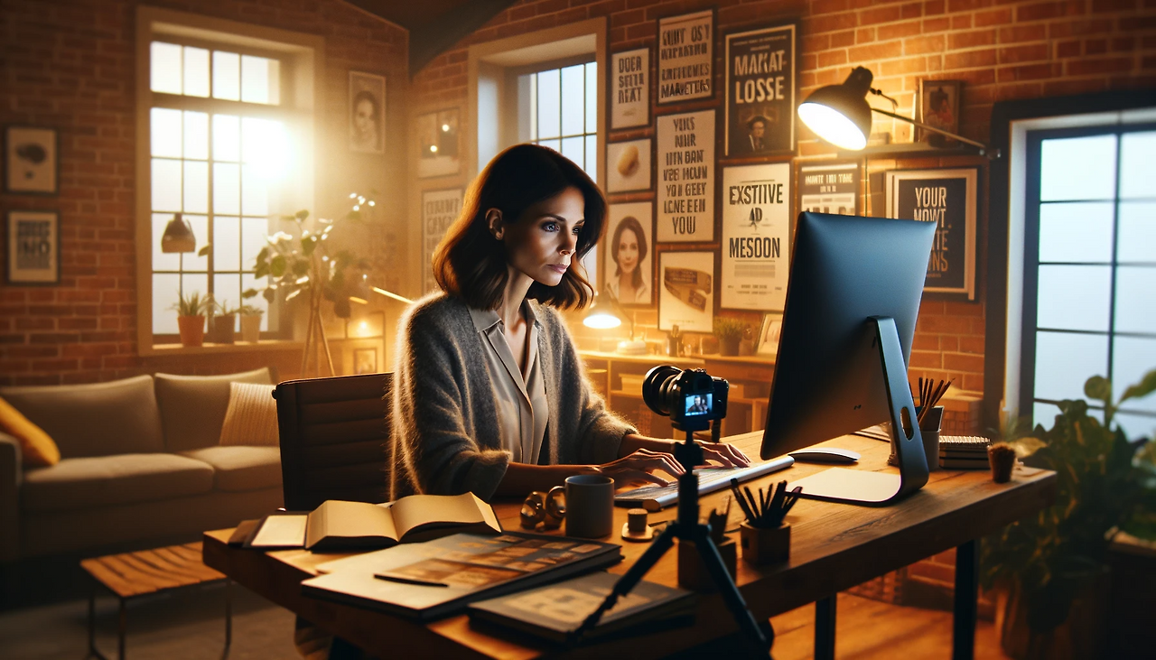 DALL·E 2023-12-27 21.37.14 - Cinematography of an experienced female marketer in a cozy, well-lit home office. Surround her with inspirational posters and marketing books, showing.png