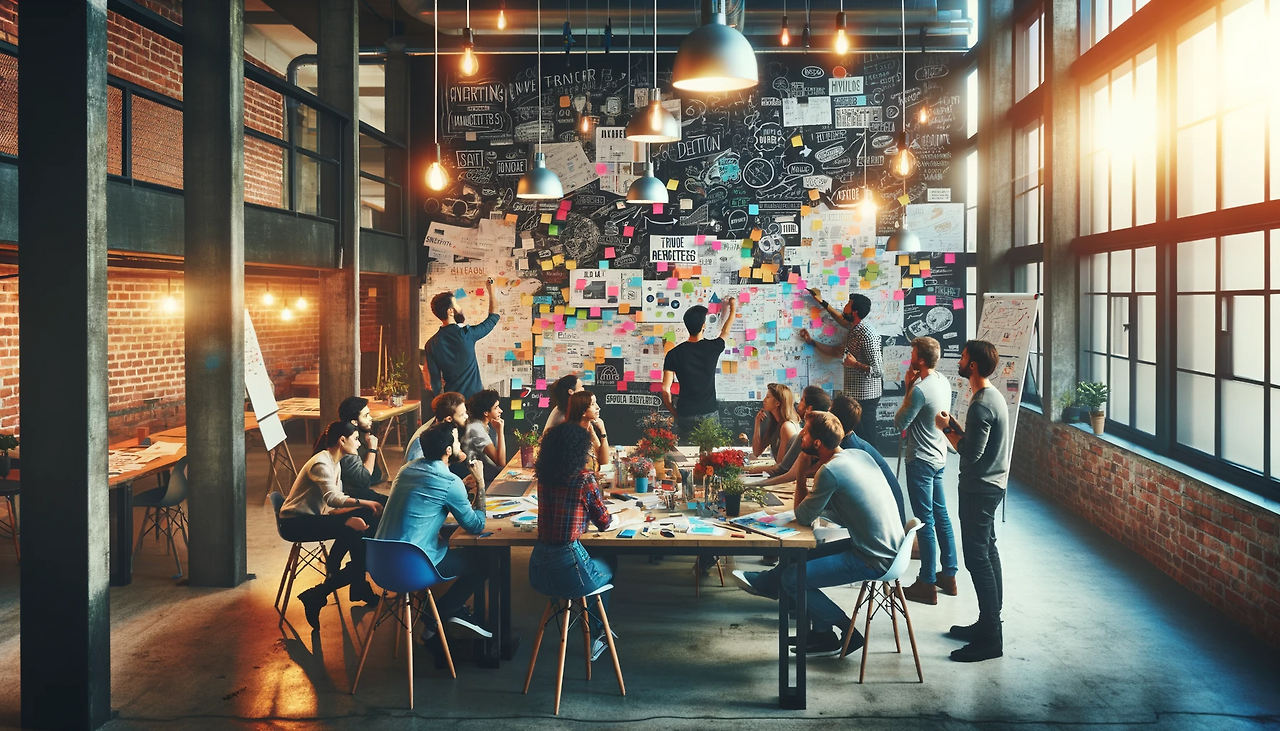 DALL·E 2023-12-27 21.29.16 - Cinematography of a team of creative marketers brainstorming in a trendy, open-plan workspace. The walls should be covered with colorful notes and adv.png