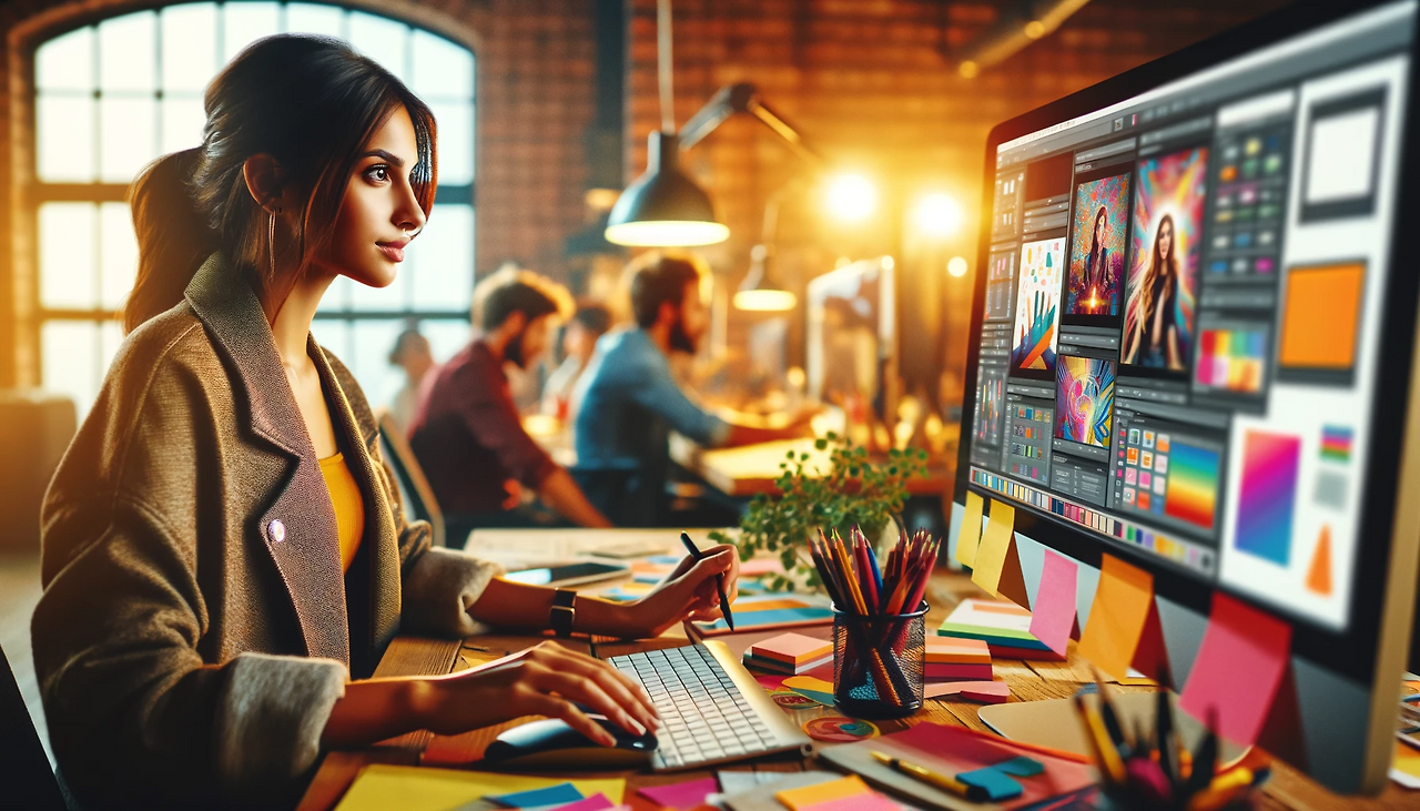 DALL·E 2023-12-27 21.39.22 - Cinematography of a creative female marketer in a vibrant startup environment. Her workspace should be filled with colorful notes and digital design t.png