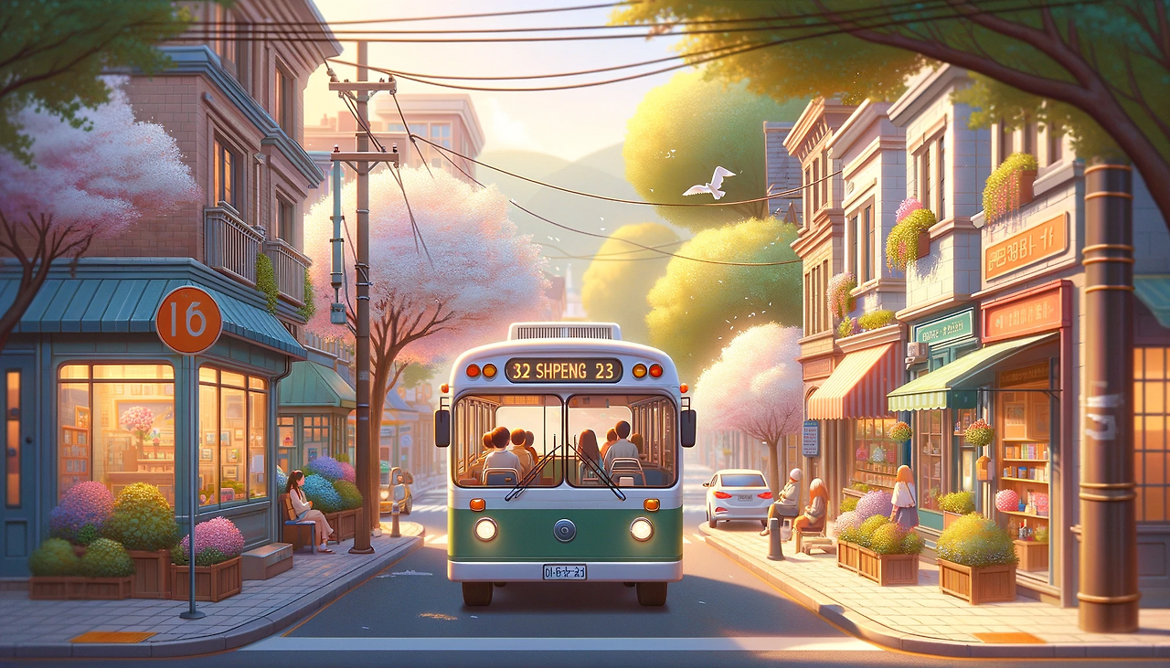 DALL·E 2024-01-27 22.49.26 - Digital art of a city bus traveling along a quaint neighborhood street lined with blooming trees and small, charming storefronts. Inside the bus, peop.png