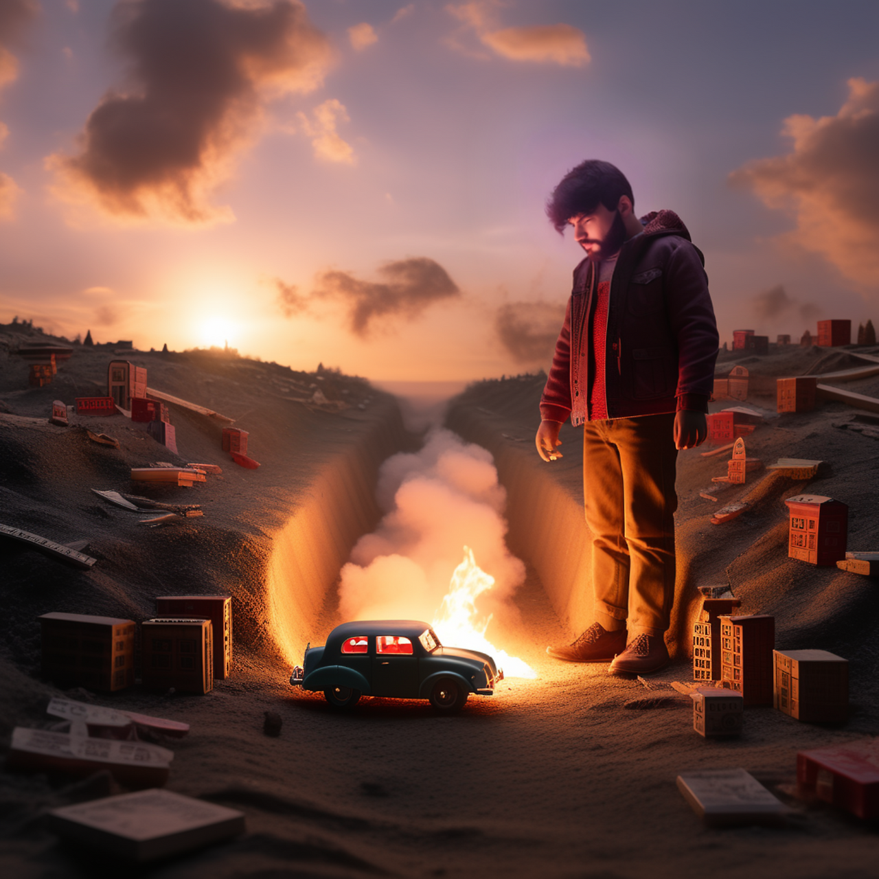 a-40-year-old-man-is-standing-on-a-large-matchboxin-his-background-there-is-a-sunset-in-the-sky-895847544.png
