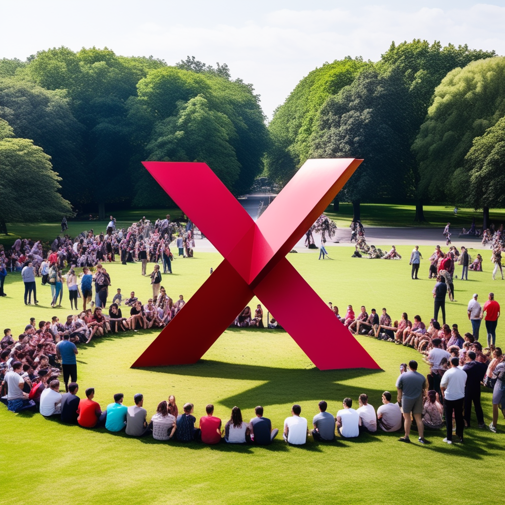 there-is-a-large-red-x-shaped-sculpture-on-the-grass-there-is-a-crowd-around-748102103.png