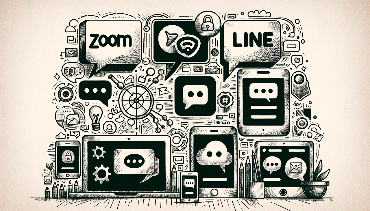 DALL·E 2024-06-12 12.46.32 - A 16_9 sketch-style image showcasing online communication tools. The image includes service icons of Zoom, Line, Messenger, and Slack. The icons are d.png