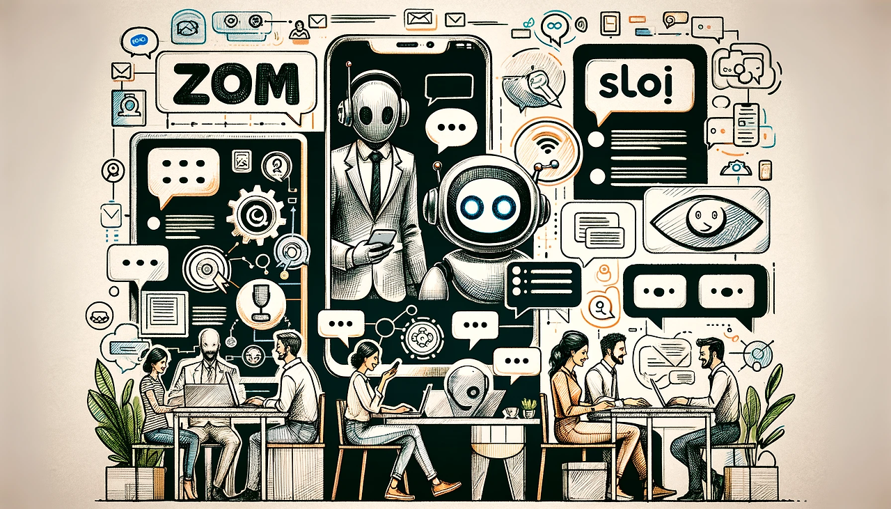 DALL·E 2024-06-12 12.49.58 - A 16_9 sketch-style image showcasing online communication with both human users and AI coexisting. The image features service icons of Zoom, Line, Mes.png