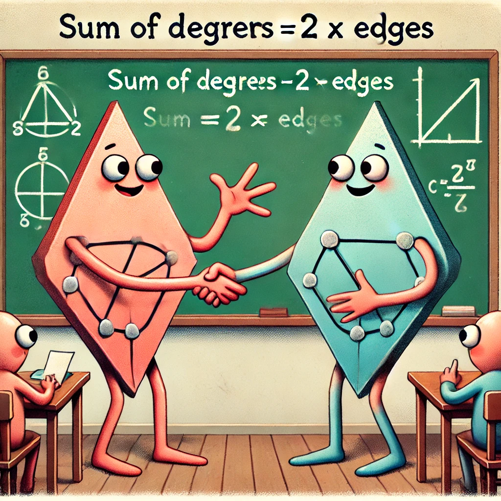 DALL·E 2025-01-22 17.41.59 - A whimsical anthropomorphic illustration of the Handshaking Lemma in mathematics. Depict two human-like characters representing vertices of a graph, e.png
