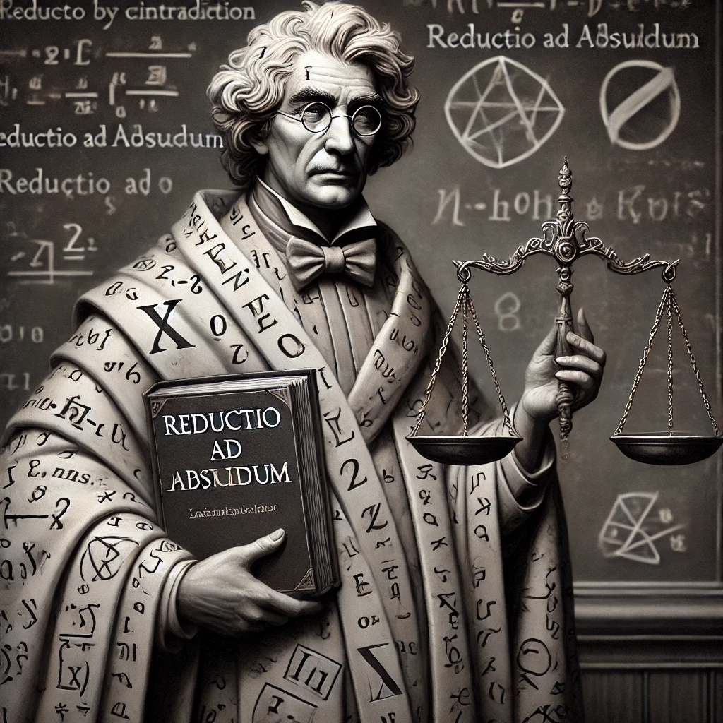 DALL·E 2025-01-20 13.43.06 - A personified representation of proof by contradiction (reductio ad absurdum) as a character. The character is depicted as a scholarly and paradoxical.png
