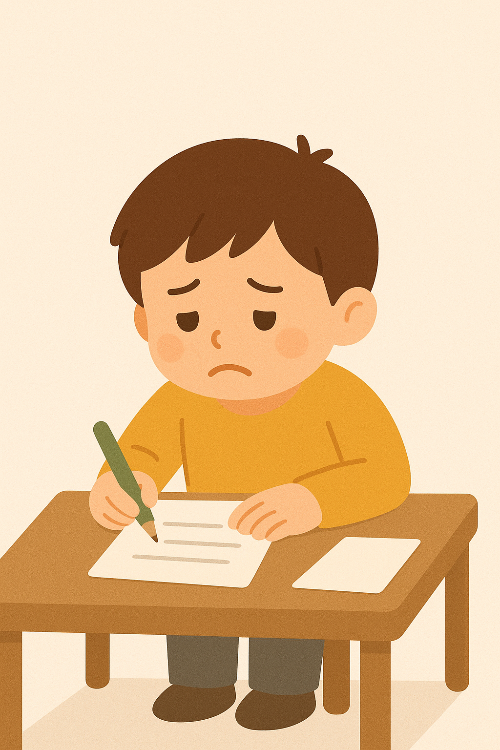 우울하게 학습지하는 아이.png