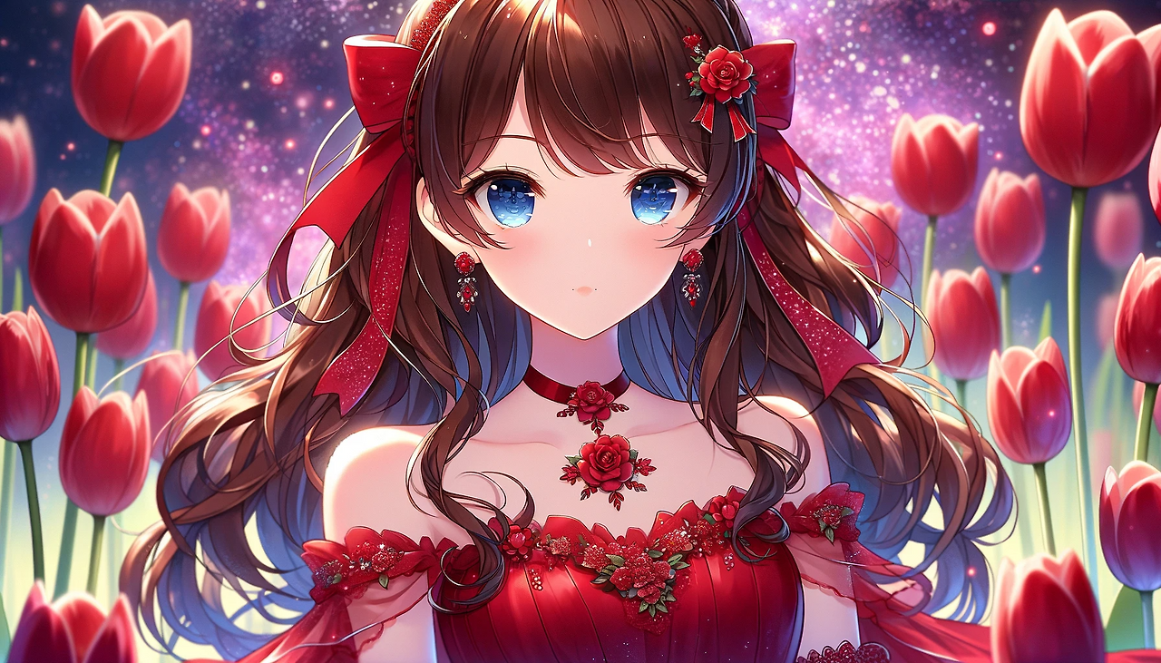 DALL·E 2024-02-01 23.03.23 - An anime-style illustrated character appearing to be in her twenties with long brown hair and blue eyes, wearing a red dress with red decorations, and.png