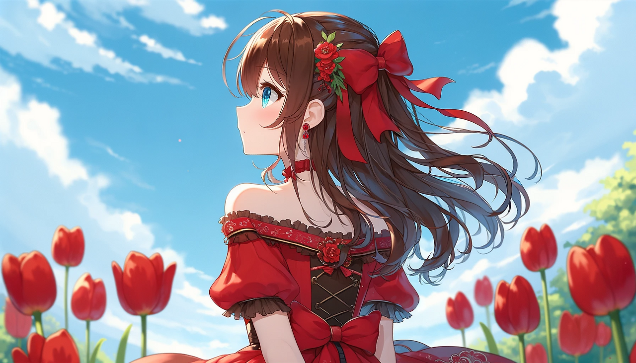 DALL·E 2024-02-01 23.04.56 - An anime-style illustrated character in her twenties with long brown hair and blue eyes, wearing a red dress with red decorations, and a red bow in he.png
