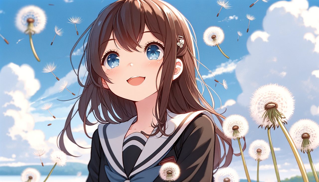 DALL·E 2024-02-01 23.07.02 - An anime-style illustrated character in her twenties with long brown hair and blue eyes, wearing a black school uniform. She is smiling and looking up.png