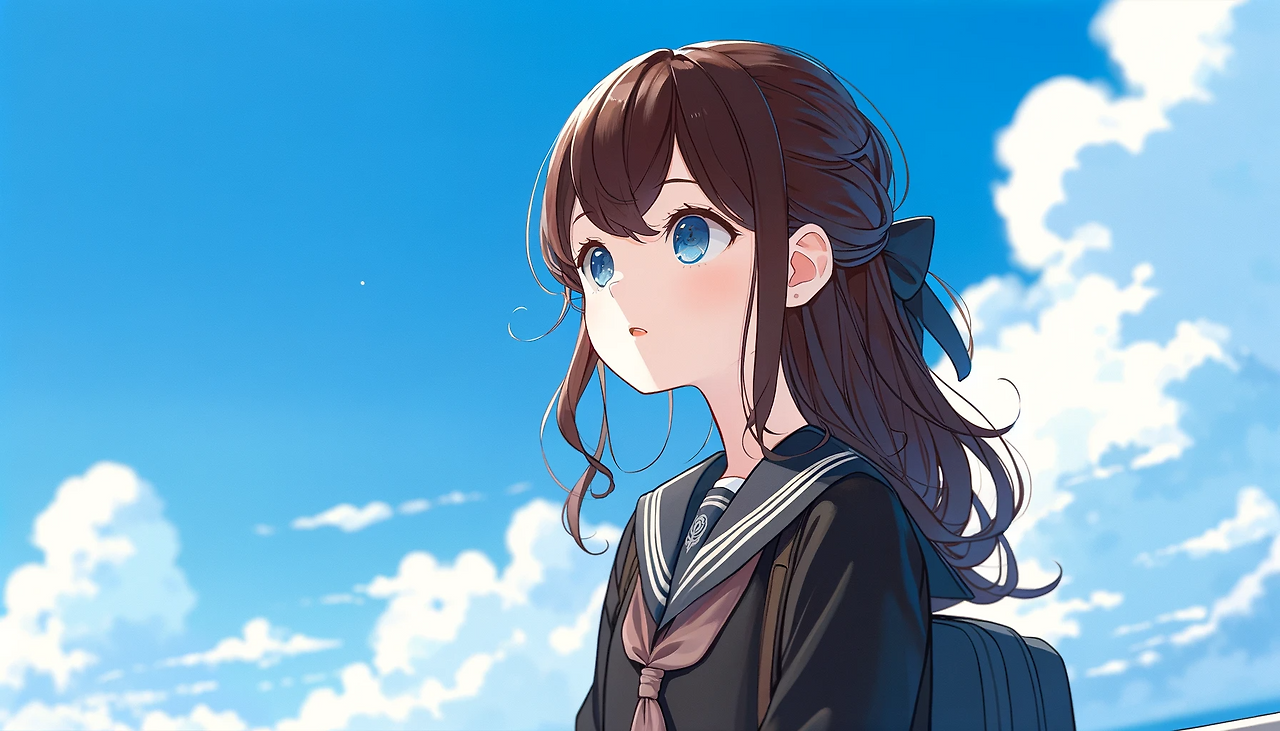 DALL·E 2024-02-01 23.06.58 - An anime-style illustrated character in her twenties with long brown hair and blue eyes, now wearing a black school uniform. The character is depicted.png