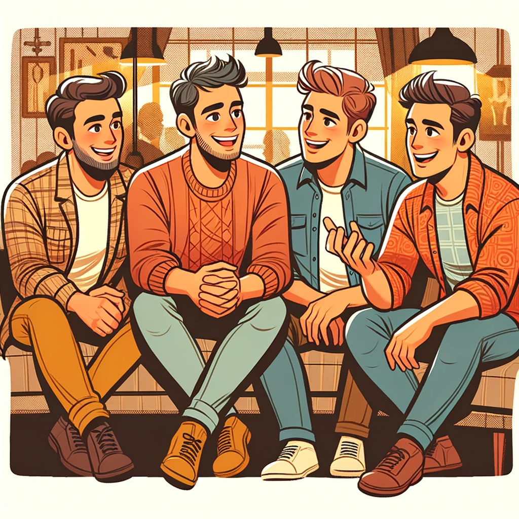 DALL·E 2024-01-24 17.14.07 - An image in a cartoon style, depicting four male friends in their 30s sitting together and chatting happily. They are in a cozy, informal setting, per.png