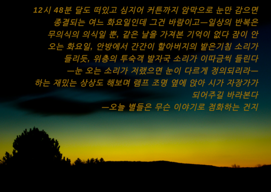 12시 48분 달도 떠있고 심지어 커튼까지 암막으로 눈만 감으면 종결되는 여느 화요일인데 그건 바람이고ㅡ일상의 반복은 무의식의 의식일 뿐, 같은 날을 가져본 기억이 없다 잠이 안 오는 화요일, 안방에서 간간이 할아버지의 밭은기침 소리가 들리듯, 위층의 투숙객 발자국 소리가 이따금씩 들린다ㅡ눈 오는 소리가 저랬으면 눈이 다르.png